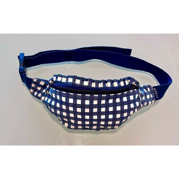J Crew Fanny Pack Crossbody Sac Blue White Gingham Plaid Cotton Ruffle Edge - Picture 1 of 9